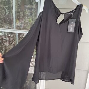 OD'Lover Womens Dressy Top Sz S Black Long  Bell Sleeve Open Shoulders Silky NWT